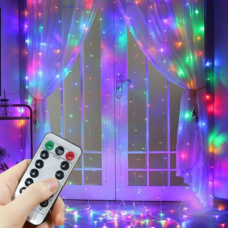 Guirnalda de luces LED navideñas con forma de cortina, guirnalda de luces con control remoto por USB, decoración navideña para el hogar, Año Nuevo 2025, para exteriores