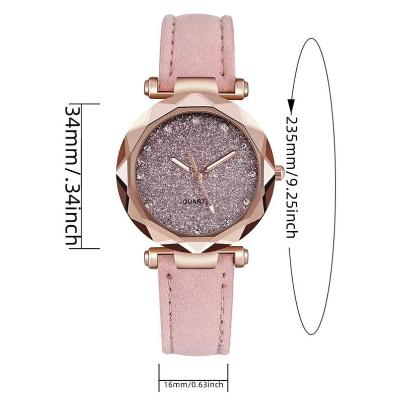 Reloj de pulsera de cuarzo negro vintage con correa esmerilada y esfera redonda con diamantes de imitación, color plata, rosa y cielo estrellado para mujer