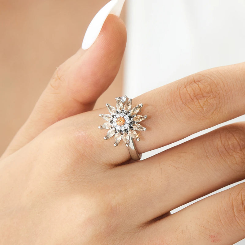 Anillo giratorio de flor de circonita cúbica brillante para mujer, anillo ajustable antiestrés y ansiedad con diseño de molino de girasol, joyería para fiestas