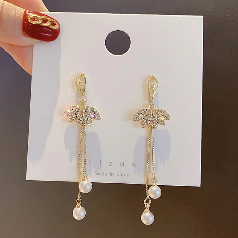 2023 New Double Layer Shiny Zircon Circle Long Gold Color Tassel Chain Earrings for Women Exquisite Elegant Wedding Jewelry