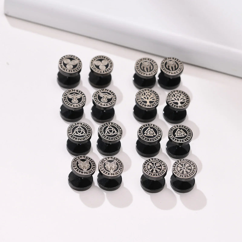 Pendientes de tuerca con diseño de runas vikingas nórdicas góticas para hombres y niños, de acero inoxidable, estilo rock punk, con cabeza de lobo y brújula, con nudo celta, color negro