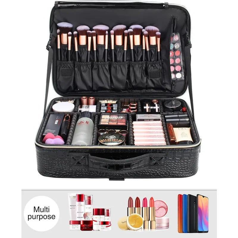 Estuche de viaje para maquillaje, organizador de cosméticos y maquillaje, bolsa de almacenamiento portátil para artistas con divisores ajustables