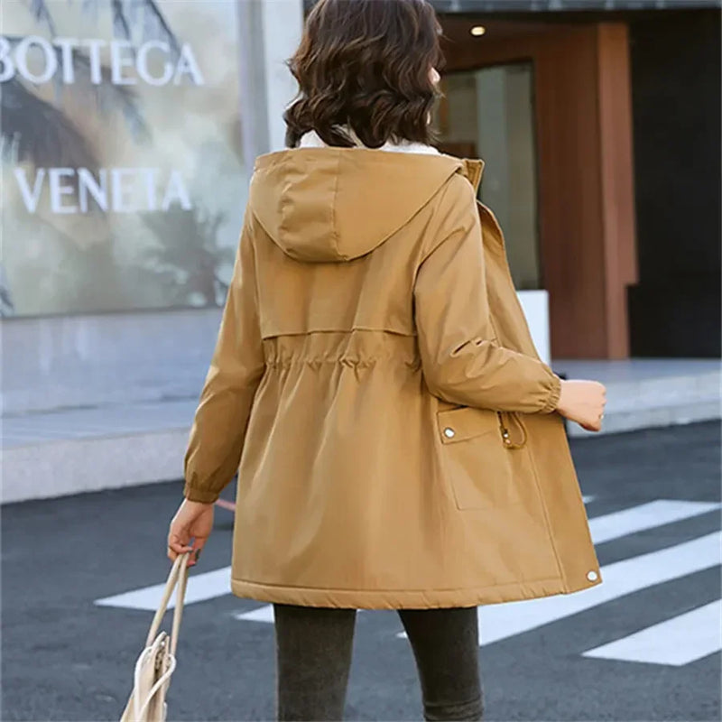 Winter Mid-length Hooded Fleece Lined Coat Women Warm Parka Thicken Outwear Casual Loose Jackets Trenchcoat Snowwear Windbreaker