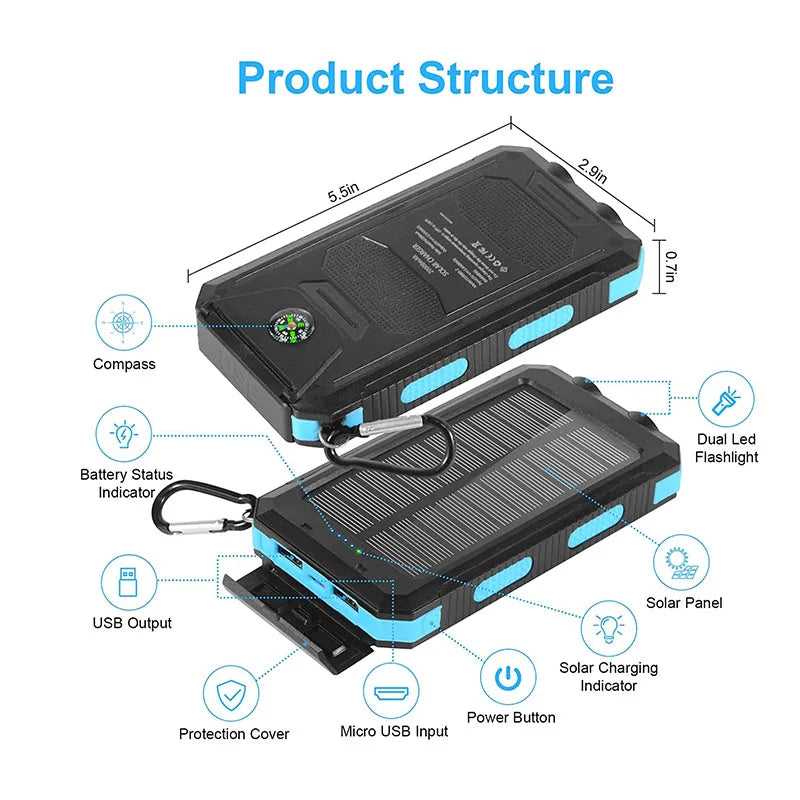 200000mAh Solar Power Bank Large Capacity Outdoor Wild Fishing Camping Mobile Power Portable with Compass Supply Fast Charging