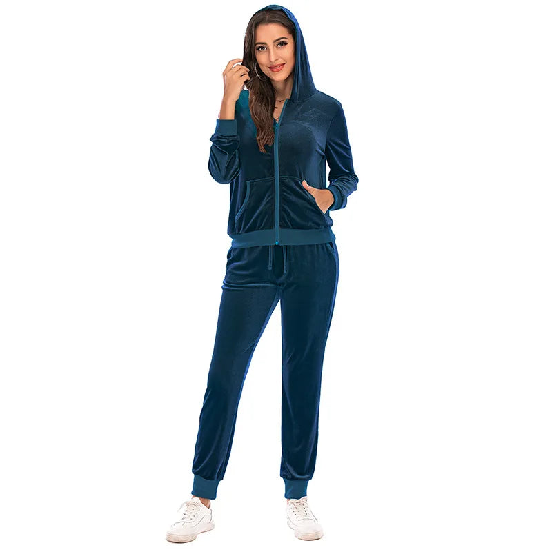 Velour Tracksuit Womens 2 Piece Sweatshirt & Sweatpants Set Full Zip Hoodie Sweatsuit with Pockets Casual Sportswear Autumn