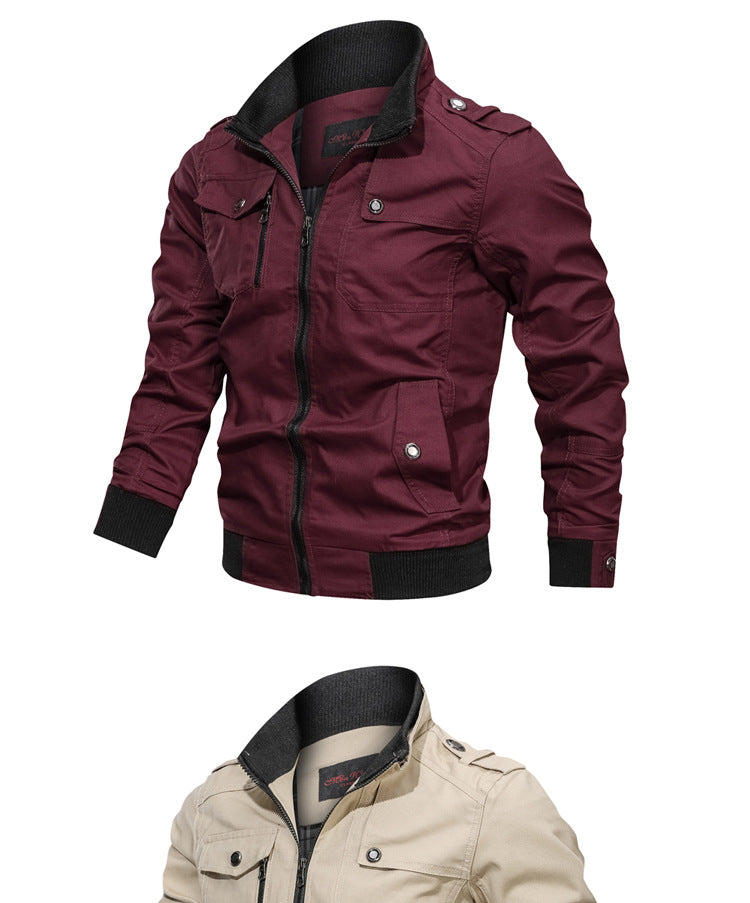 Casual solid color jacket, zippered pocket, stand up collar, oversized jacket, tough guy style, thin motorcycle top