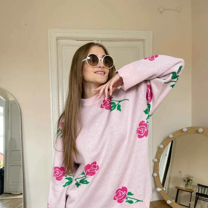 Women Elegant Flower Printed Knitted Jumper Top Chic Round Neck Long Sleeves Loose Pullovers Autumn Lady Fashion Streetwear 2024