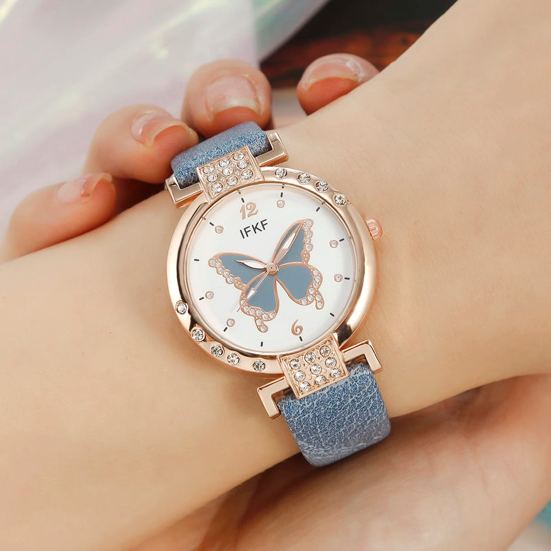 Nuevo reloj de cuarzo con cinturón sencillo de moda coreana, edición para mujer + conjunto de joyas de tres piezas