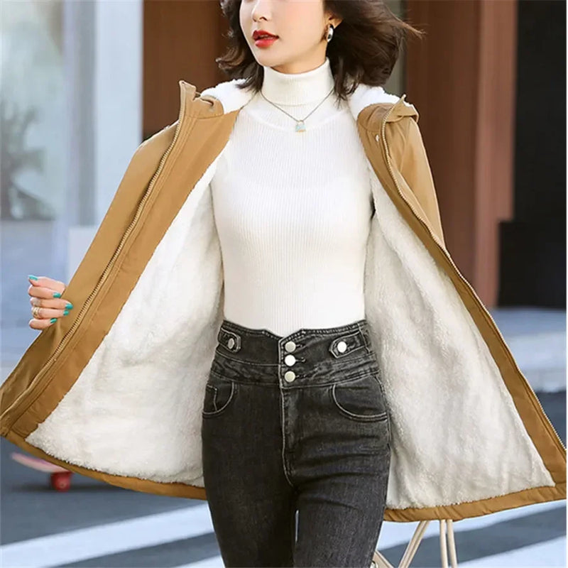 Winter Mid-length Hooded Fleece Lined Coat Women Warm Parka Thicken Outwear Casual Loose Jackets Trenchcoat Snowwear Windbreaker