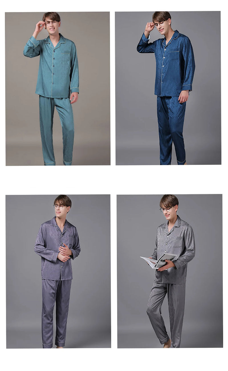 Men Trendyol Print Pajama Spring Summer Loose Comfort Pijama Sets Luxury Silk Pajamas Satin Long Sleeve Sleepwear pijama hombre