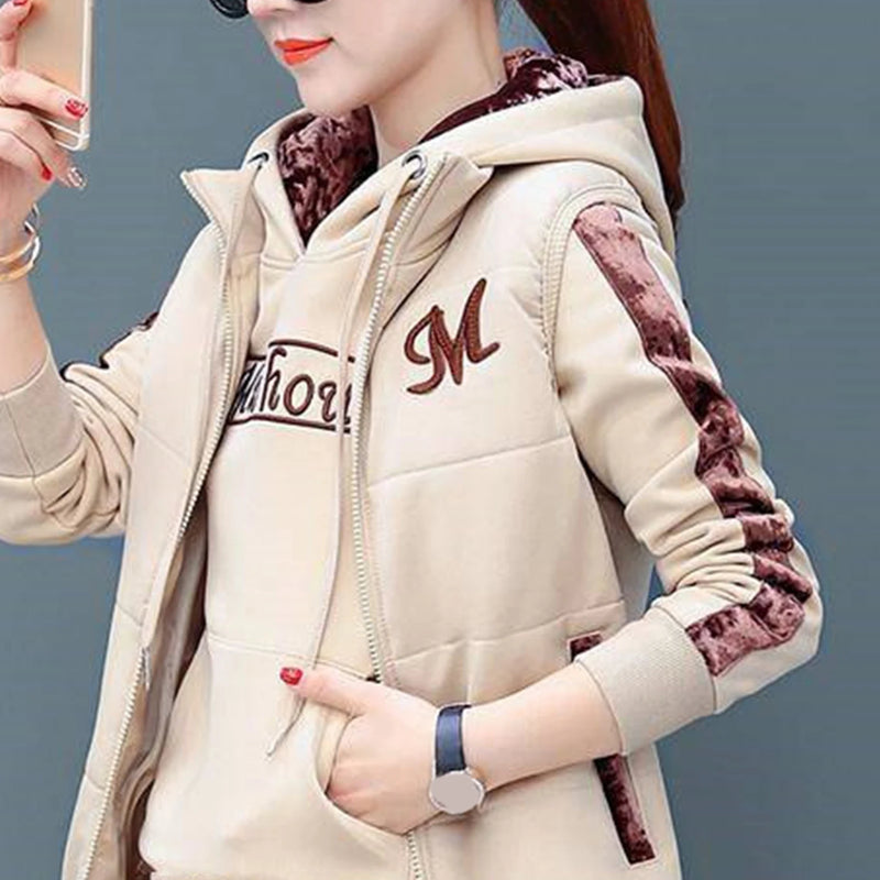 Fashion Warm Three Piece Set Women Outfit 2023 Fall Winter Thicken Tracksuit Casual Waistcoat Hoodies Pant Female Sweat Suit