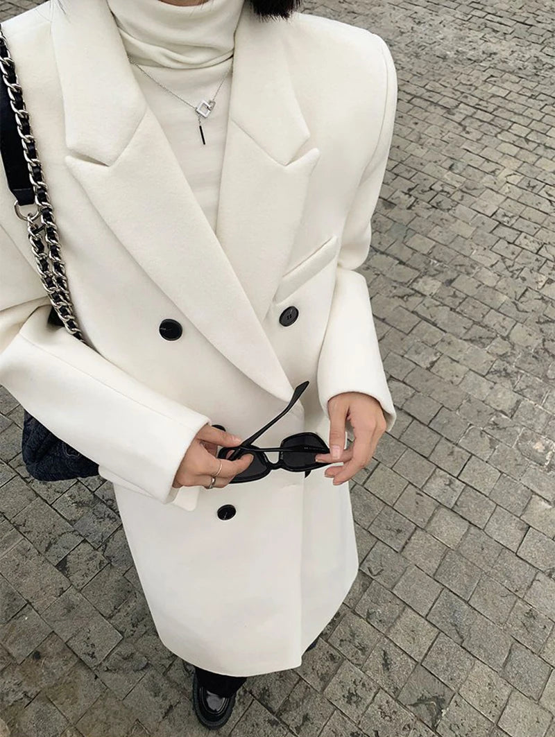 Elegant Long Wool Coats Women Streetwear Quilted Jacket Korean Double Breasted Woolen Overcoat Winter Oversized Thick Outwear