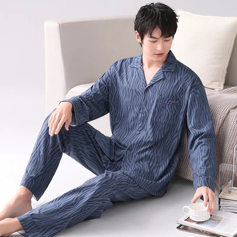 Conjuntos de pijamas para hombre, pijamas de algodón, cárdigan con botones para hombre, ropa de dormir, ropa de dormir de manga larga, chándal informal estampado, pijama para hombre