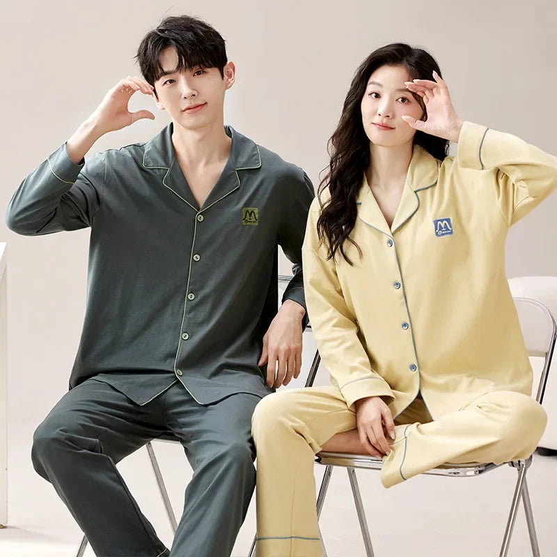 2024 New Cotton Homewear for Couples Autumn Women and Men Matching Cardigan Pajamas Set Young Girl Boy Pjs Pijamas Mujer Hombre