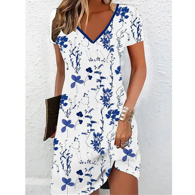 Vestido de verano de manga corta con escote en V, informal, para mujer, minivestido con estampado floral retro, talla grande 6XL, elegante, hasta la rodilla