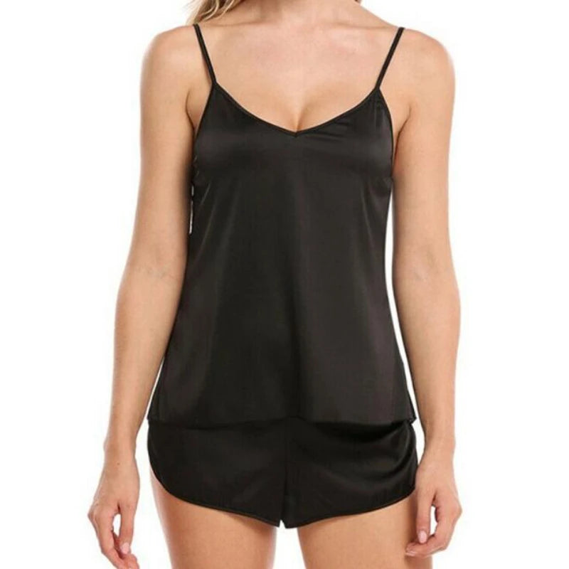 Conjuntos de pijamas sexys para mujer, ropa de dormir para mujer, tops sin mangas con tirantes finos y pantalones cortos, traje de casa, ropa de dormir de verano con cuello en V para mujer