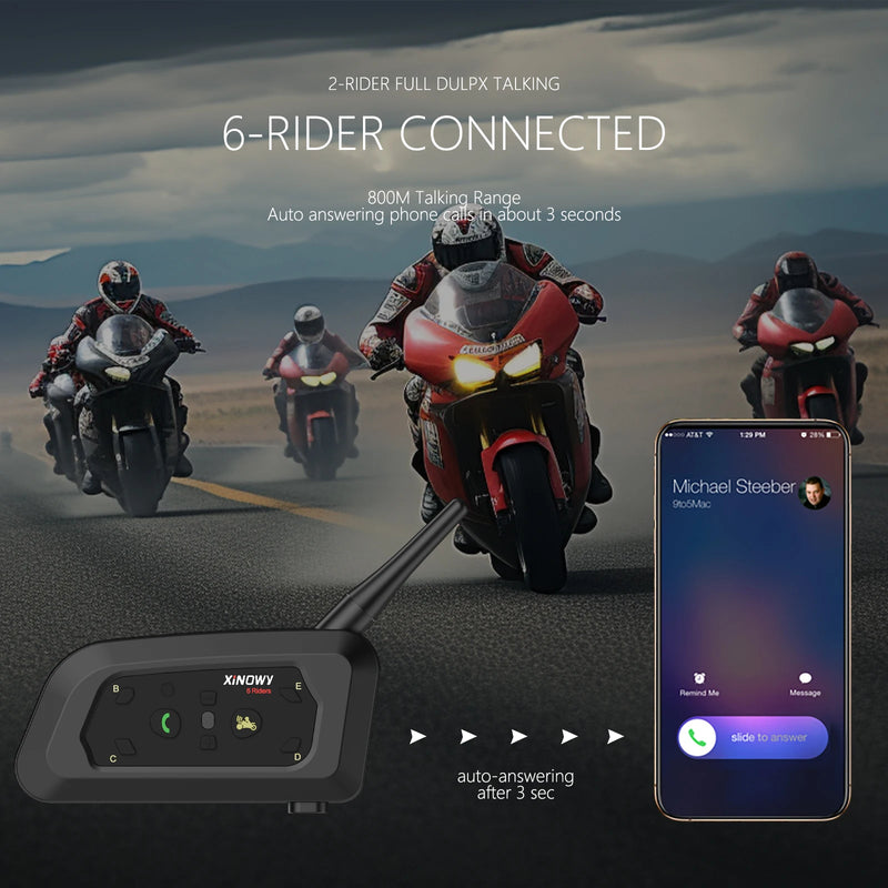 XINOWY V6 PRO Motorcycle Bluetooth Helmet Intercom Headset 1200M Interphone Communicator for 6 Riders Waterproof Music Player