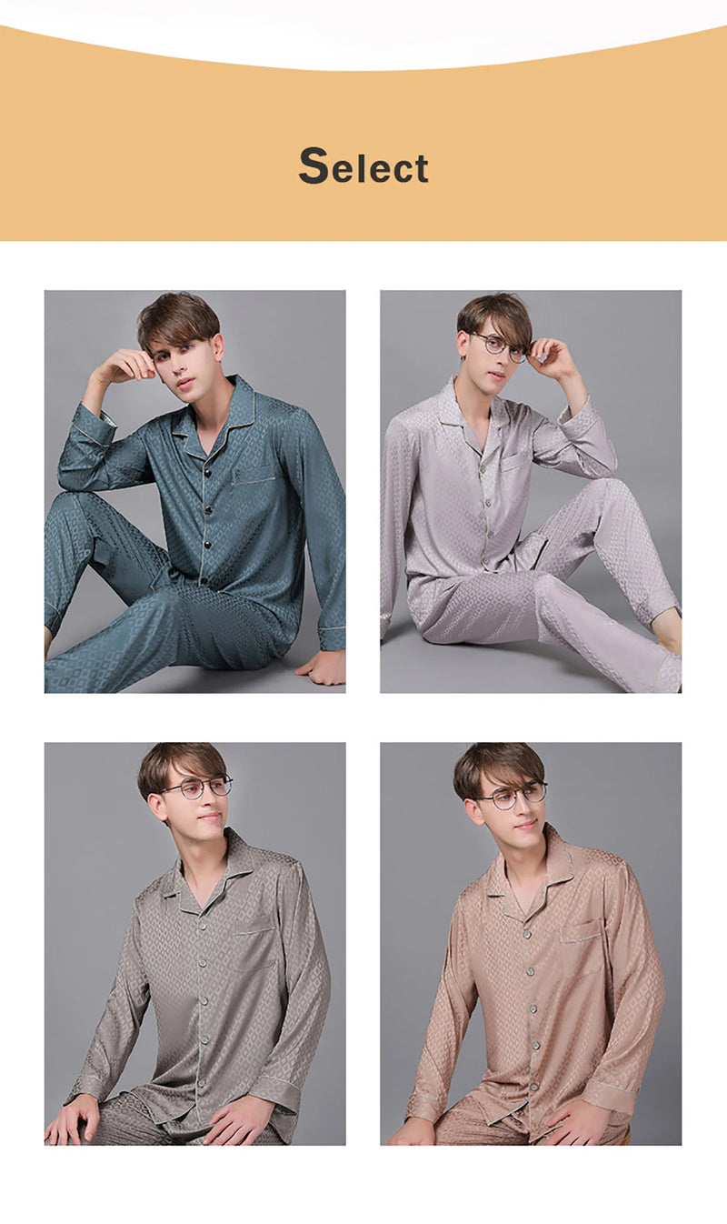 Men Trendyol Print Pajama Spring Summer Loose Comfort Pijama Sets Luxury Silk Pajamas Satin Long Sleeve Sleepwear pijama hombre