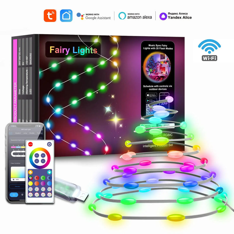 Cadena de luces navideñas RGBIC con USB, control remoto por WIFI, Tuya, 5 m, 10 m, 20 m, WS2812, luces de hadas impermeables con música