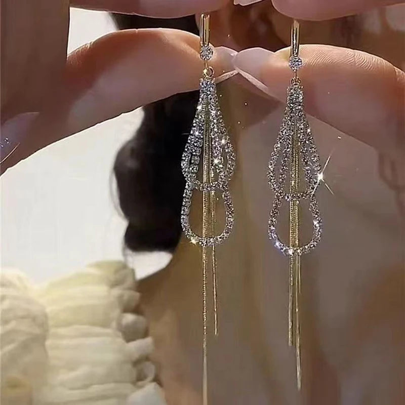 2023 New Double Layer Shiny Zircon Circle Long Gold Color Tassel Chain Earrings for Women Exquisite Elegant Wedding Jewelry