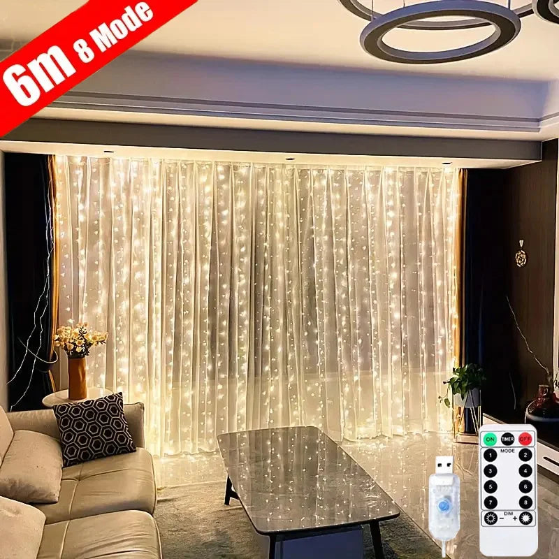 Guirnalda de luces USB para bodas, fiestas, luces de hadas para dormitorio, cortina con control remoto de 3/4/6 m, decoración navideña LED