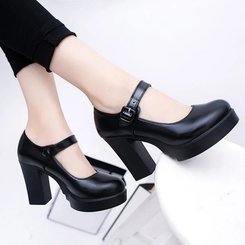 Women's Black high heels Pumps Catwalk sandals Soft-soled Leather Thick Heels Large Size Women's Shoes Elegant woman heels