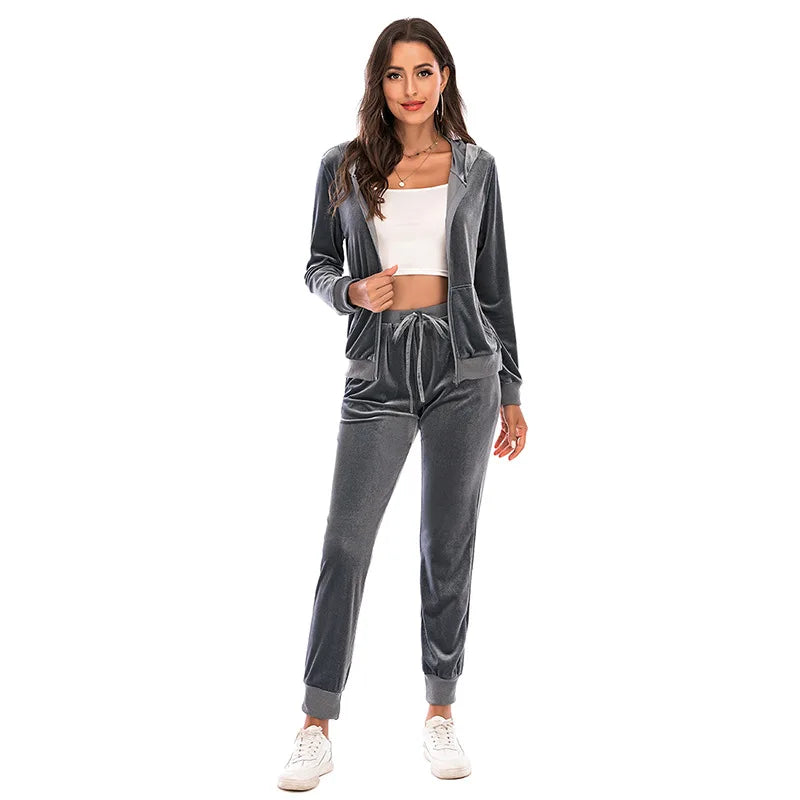 Velour Tracksuit Womens 2 Piece Sweatshirt & Sweatpants Set Full Zip Hoodie Sweatsuit with Pockets Casual Sportswear Autumn