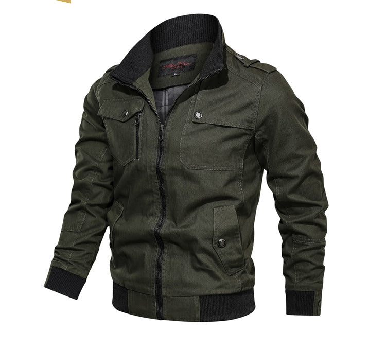 Casual solid color jacket, zippered pocket, stand up collar, oversized jacket, tough guy style, thin motorcycle top