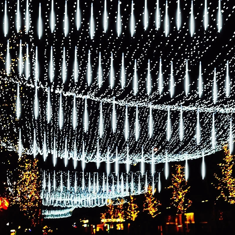 Luces navideñas de lluvia de meteoritos para exteriores, 10 tubos, 192 luces LED colgantes para jardín, árbol, fiesta, decoración, lámpara