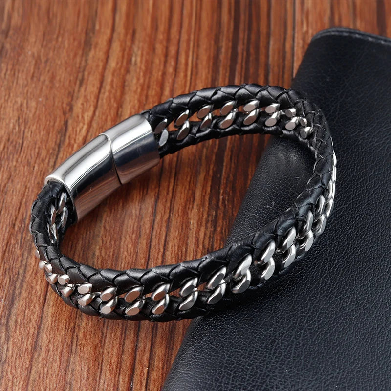 Pulseras de cuero negro trenzado para hombre, estilo punk, de acero inoxidable, para amigos, joyería de moda, regalos