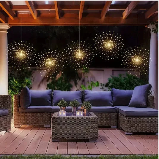 5*90LEDS Hanging Solar Firework Light 8 Modes Remote Control Solar Starburst Lamp Christmas Decor Fairy Lights Garden Yard Patio