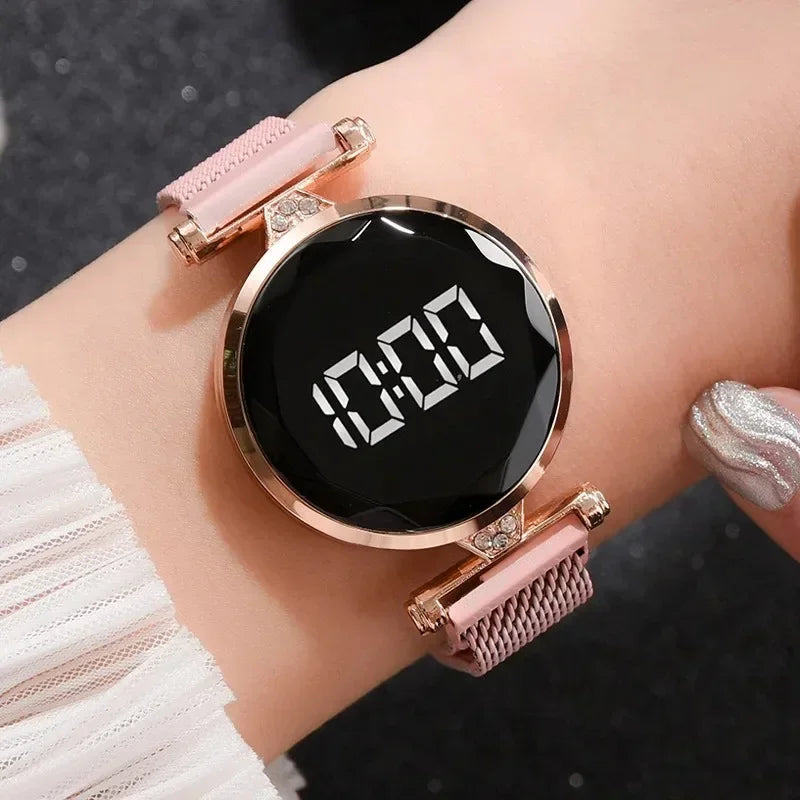 Reloj LED de lujo para mujer, pulsera magnética, relojes de oro rosa, relojes digitales de cuarzo para mujer, reloj femenino