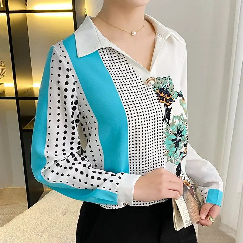 Women's Clothing Fashion Vintage Printed Spliced Long Sleeve Shirt Autumn Korean Casual Polo-Neck Beading Blouse for Female