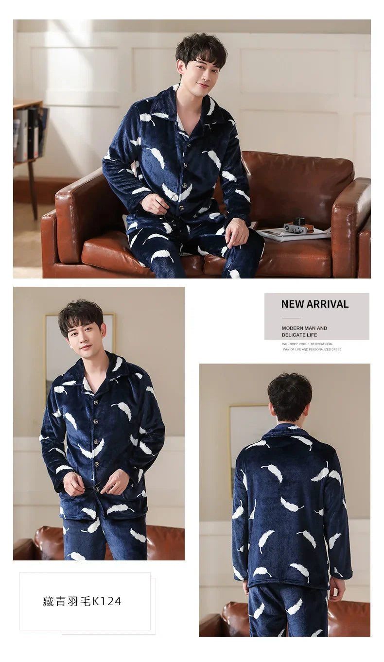 Flannel Pajamas for Men Thickened Cardigan Long-sleeved Plus Velvet  Warm Coral Fleece Men's Oversize Homewear pijama hombre