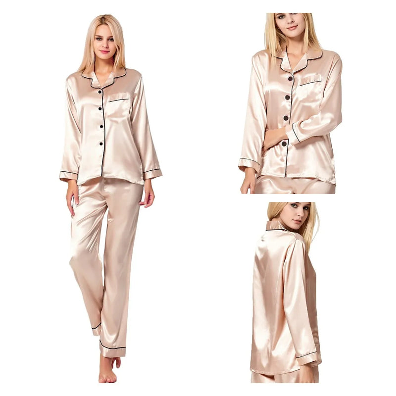 Womens Silk Satin Pajamas Loungewear Two-piece Sleepwear Button-Down Full Sleeve Long Pj Set