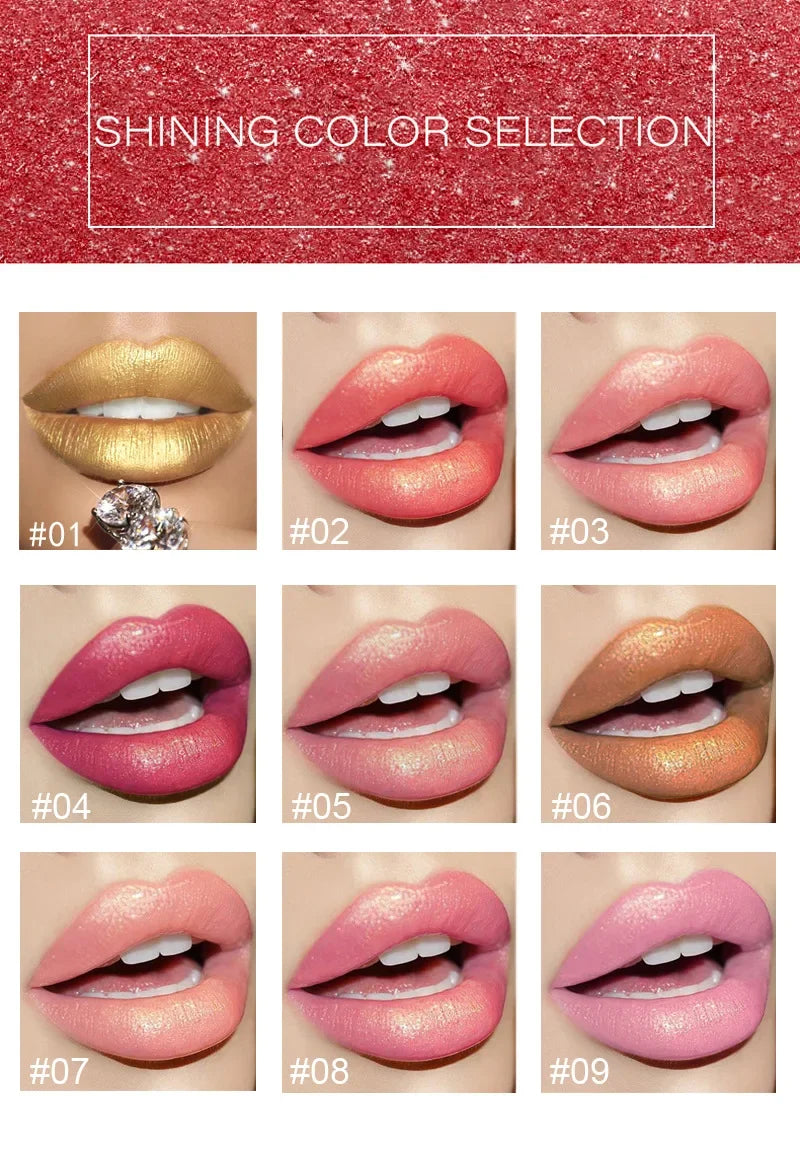 9 Colors Waterproof Nude Pink Glitter Lipstick Makeup Long Lasting Velve Red Mermaid Sexy Shimmer LipSticks Cosmetics Beauty