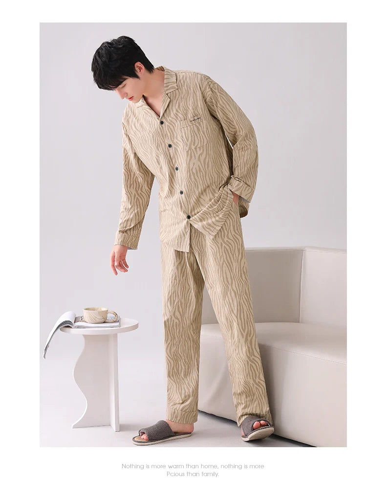 Conjuntos de pijamas para hombre, pijamas de algodón, cárdigan con botones para hombre, ropa de dormir, ropa de dormir de manga larga, chándal informal estampado, pijama para hombre