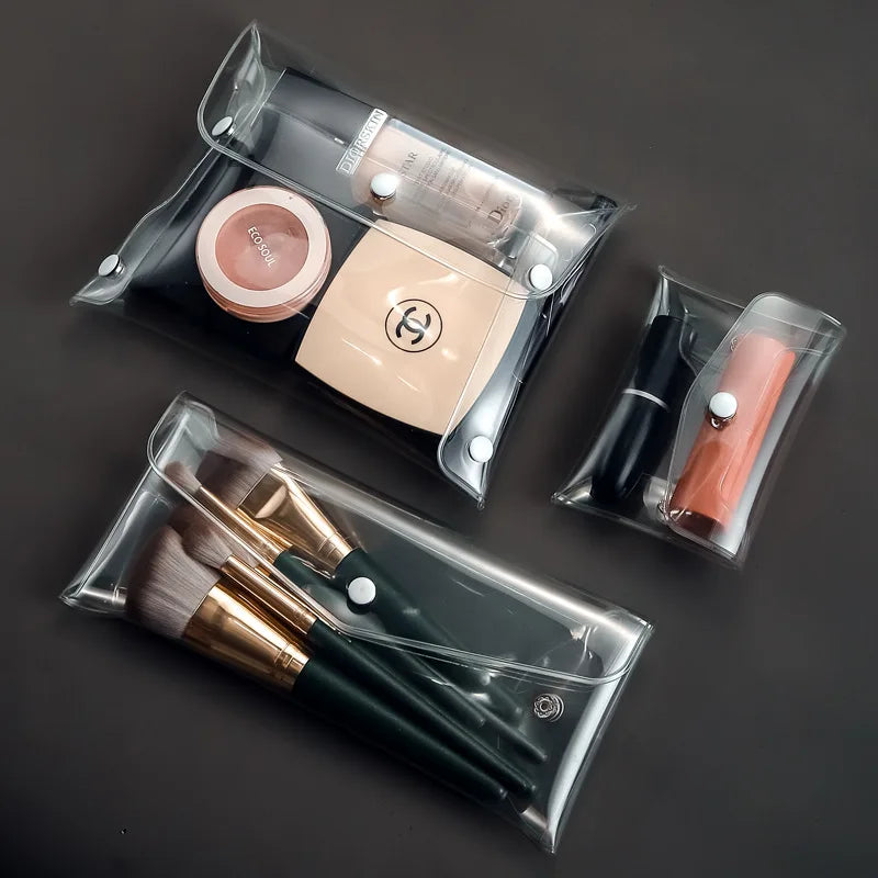 Bolsa de maquillaje transparente, organizador de cosméticos, estuche de viaje portátil para brochas de maquillaje, juego de almacenamiento de PVC transparente, artículos de tocador para baño