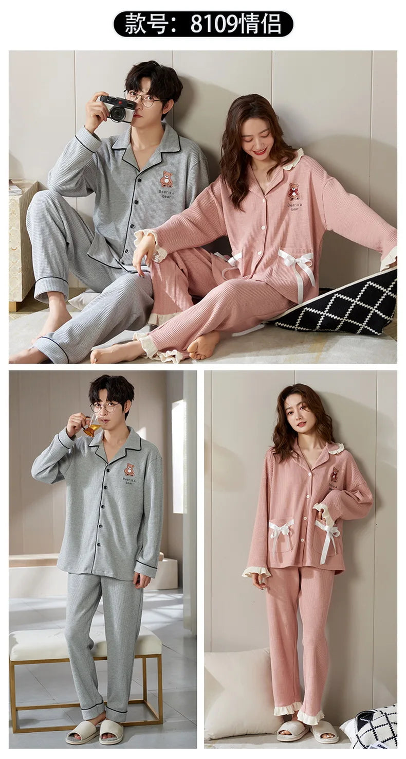 Cotton Sleepwear For Couples Korean Cardigan Men Pijamas Women Pajamas Set Long Sleep Tops Pant Nightwear Pjs pareja hombre