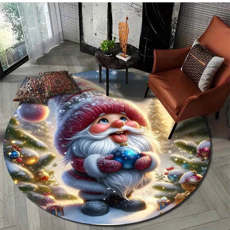 Gnome Christmas Print Round Carpet Suitable for Living Room Bedroom Carpet Flannel Non-slip Carpet, Sofa Chair Creative Door Mat