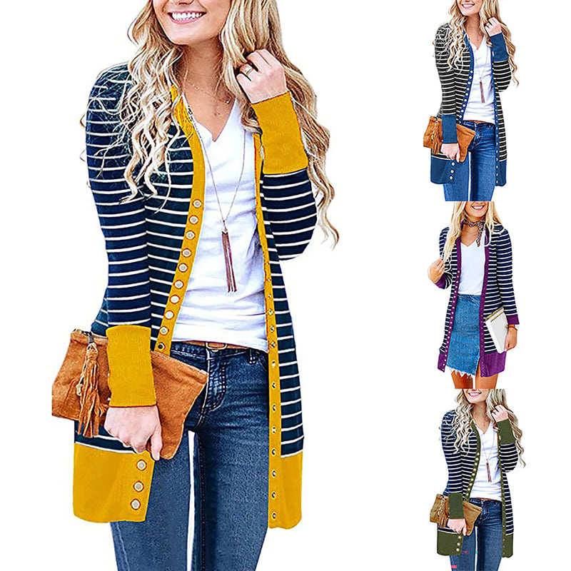 Autumn/Winter 2024 Europe and the United States plus size women's fashion long button striped cardigan coat