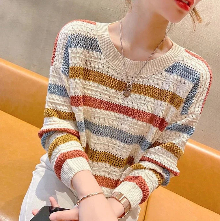 Women's Sweater Round O Neck Knit Tops for Woman Blue Mesh Pullovers Y2k Vintage Trend 2024 Korean Luxury Cold Winter Fashion