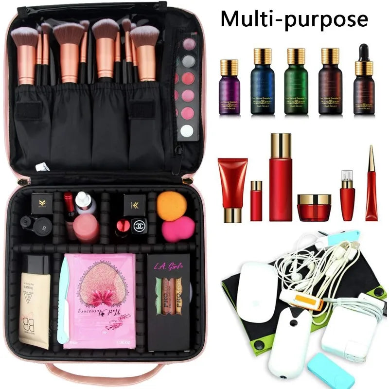 Estuche de viaje para maquillaje, organizador de cosméticos y maquillaje, bolsa de almacenamiento portátil para artistas con divisores ajustables