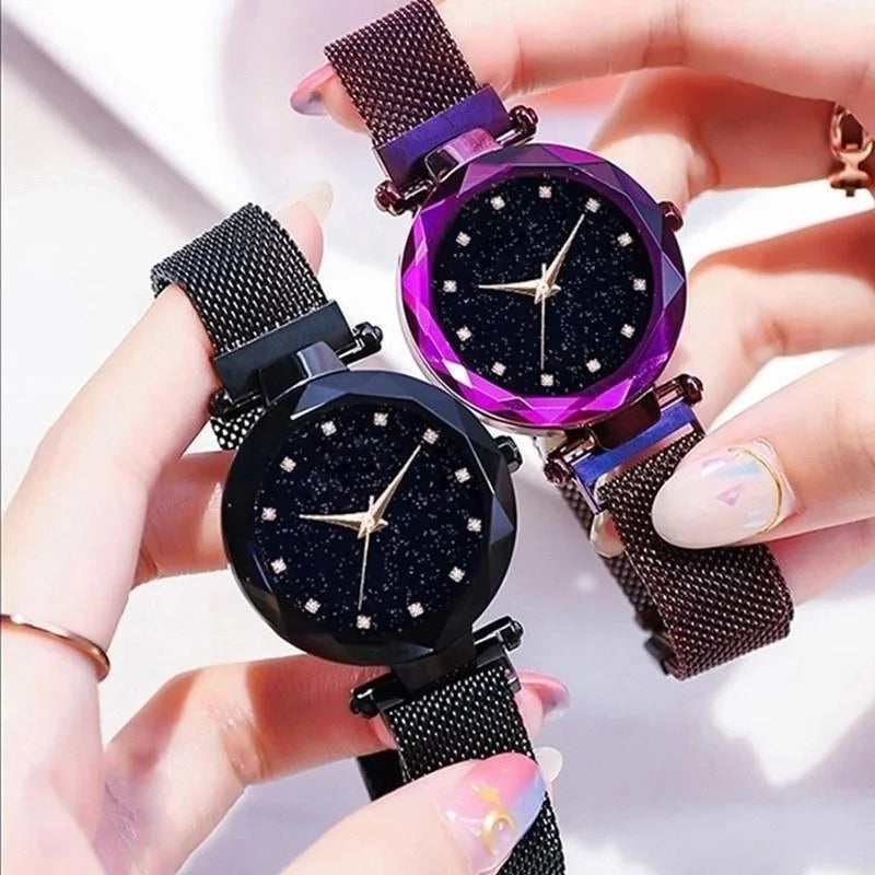 Relojes de lujo con cielo estrellado para mujer, pulsera de diamantes de imitación, reloj de cuarzo para mujer, reloj de pulsera con hebilla magnética de acero fino, reloj para mujer