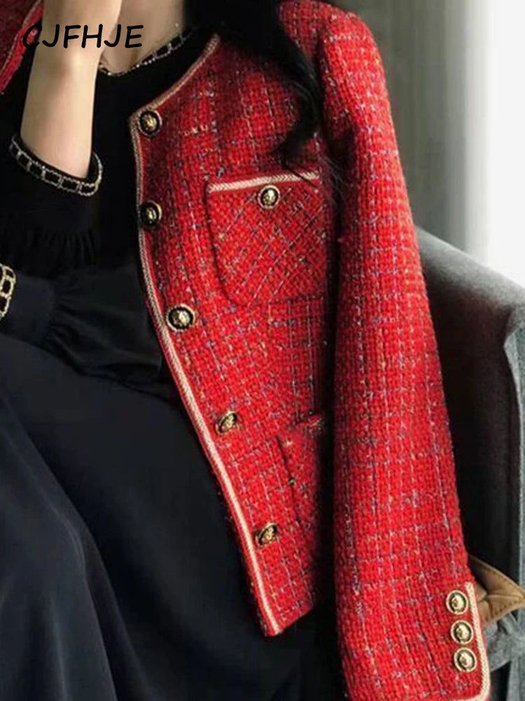 CJFHJE Red Tweed Blazers Women New Autumn Winter Loose O-Neck Single-Breasted Suit Jacket Female Korean Style Elegant Lady Coats