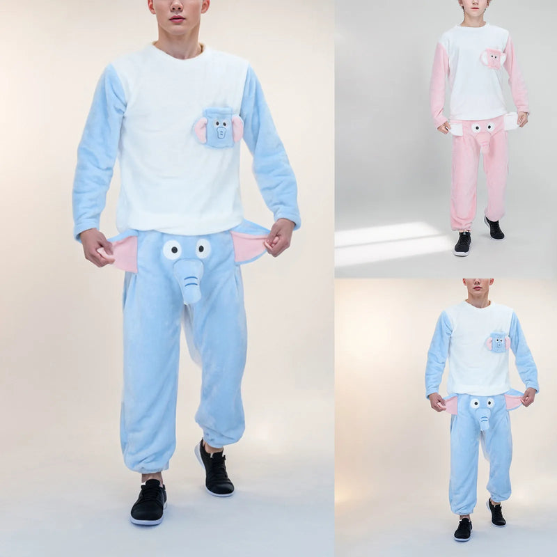 Pijama divertido de elefante para hombre, conjunto de dos piezas con remera y pantalones divertidos, regalo para hombre, ropa de casa cálida y gruesa para invierno