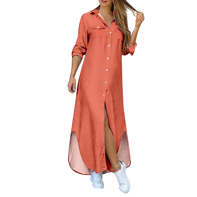 Vestido camisero elegante de moda de verano para mujer 2023, estampado de manga larga con botones, ropa informal para oficina y vacaciones, vestido largo para mujer