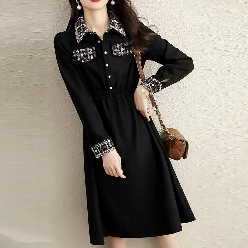 Women Autumn Korean Fashion Vintage Plaid Patchwork Elegant Dresses High Waist Luxury Chic Long Sleeve Slim Midi Dress Vestidos