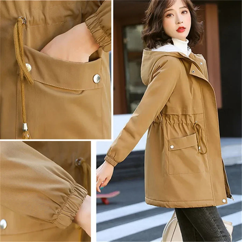 Winter Mid-length Hooded Fleece Lined Coat Women Warm Parka Thicken Outwear Casual Loose Jackets Trenchcoat Snowwear Windbreaker