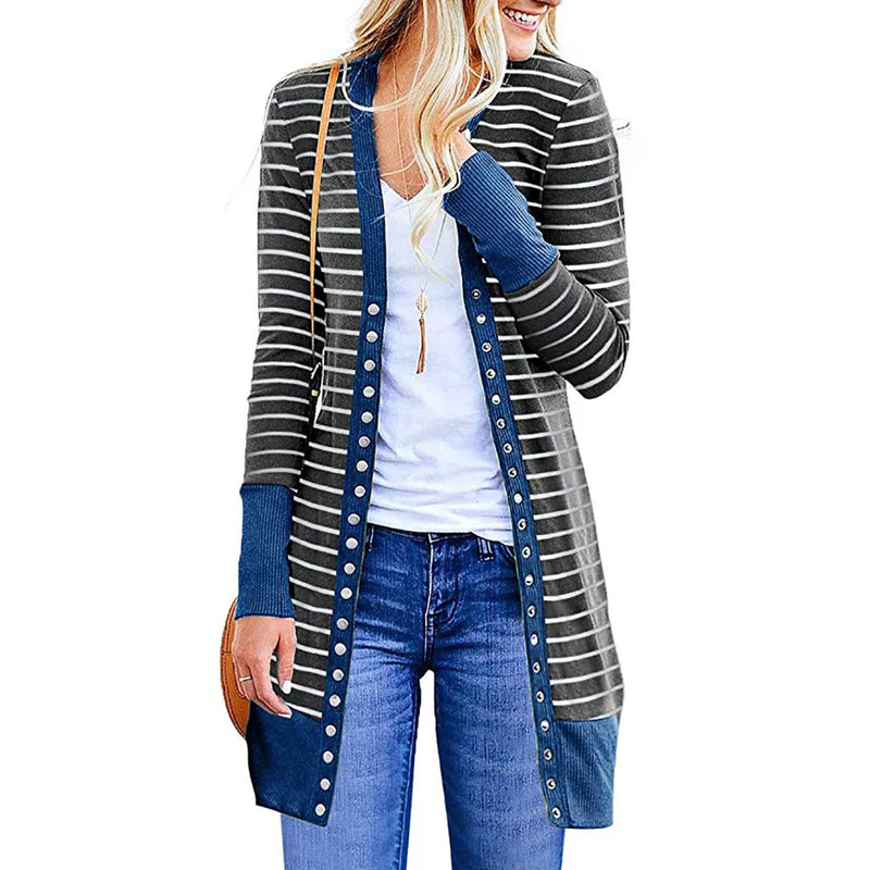 Autumn/Winter 2024 Europe and the United States plus size women's fashion long button striped cardigan coat